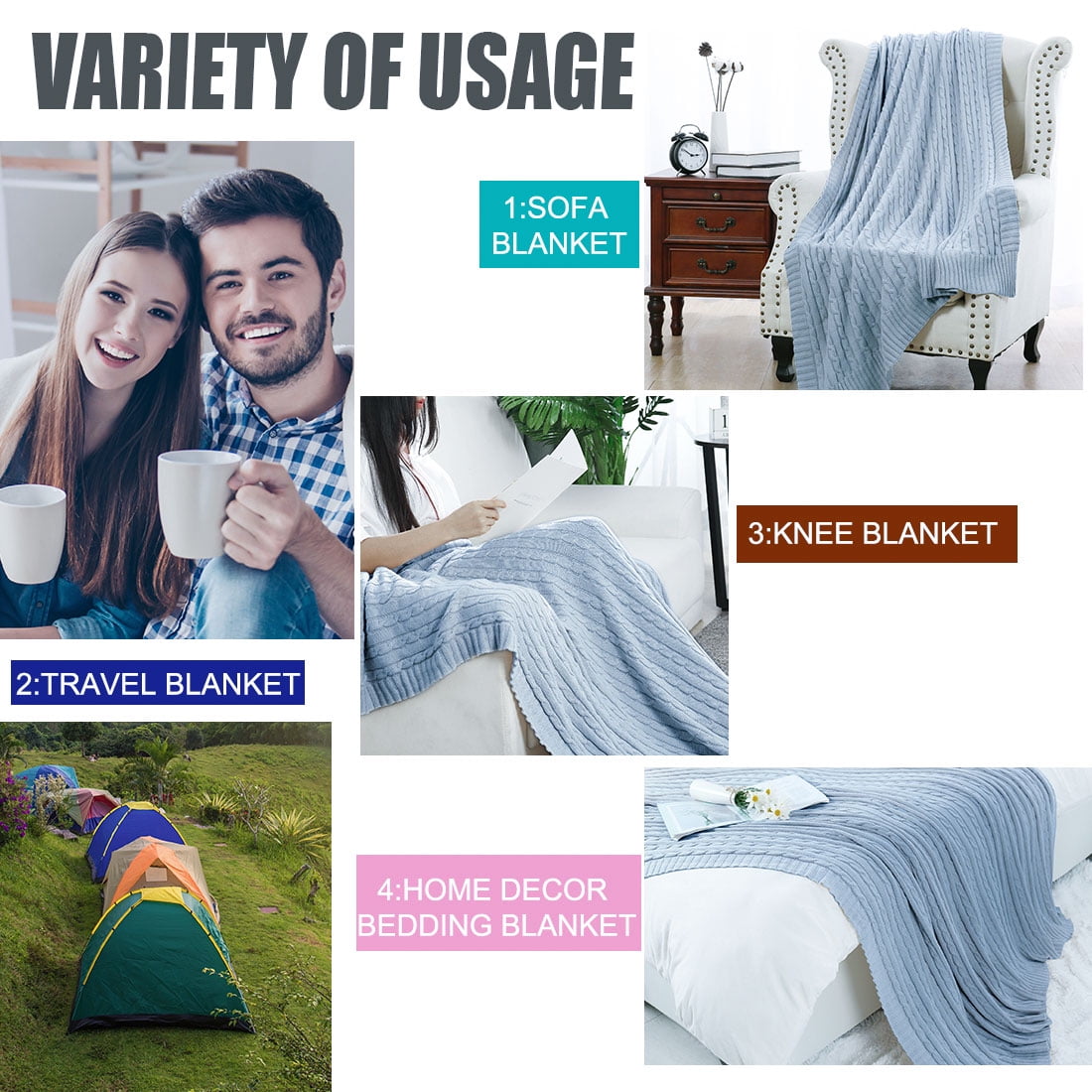 Unique Bargains 100% Cotton Cable Knit Throw Bed Blanket Columbia Blue 51" x 59"