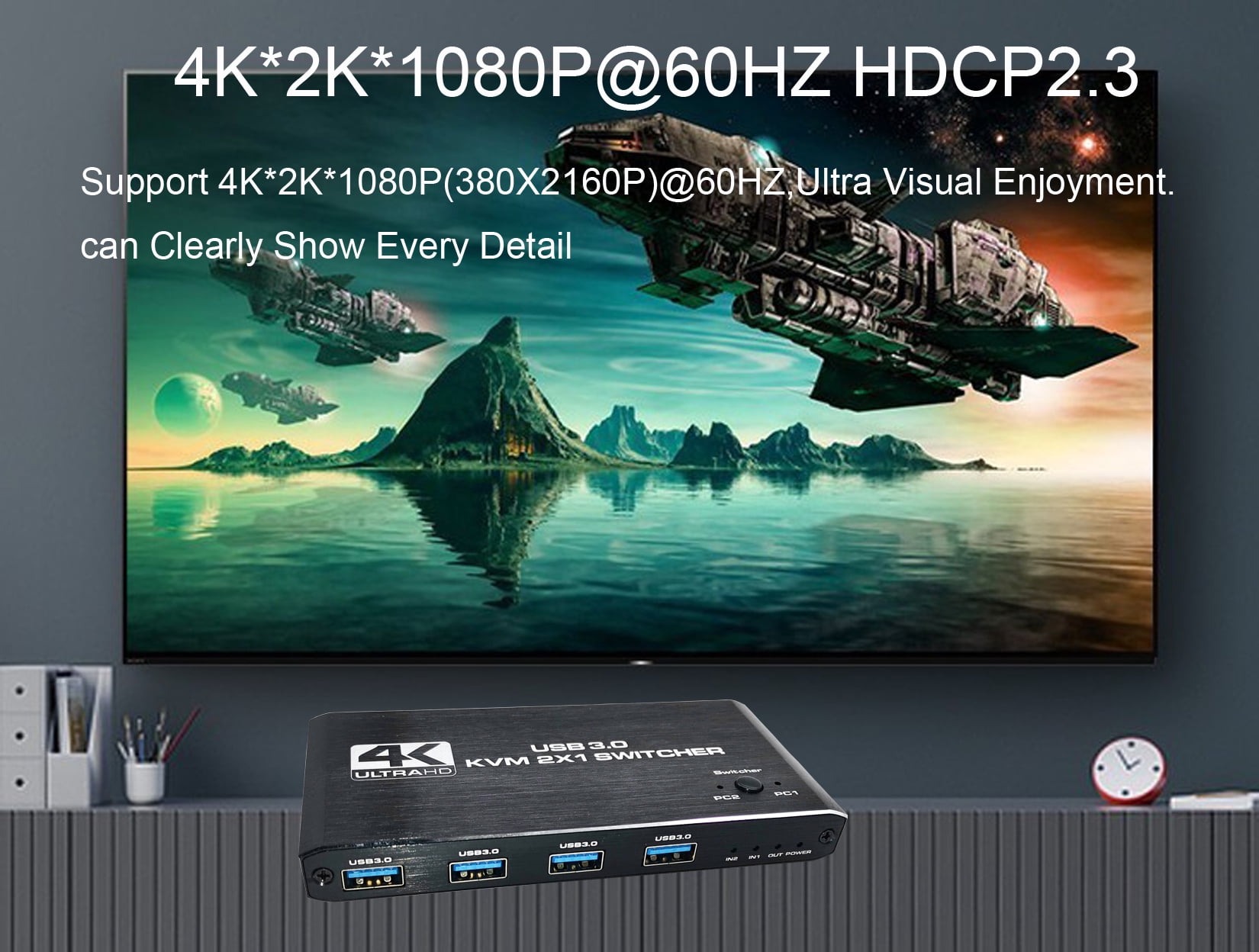 HDMI KVM Switch 4K@60HZ USB 3.0 Switch HDMI 2 in 1 Out KVM Switch Box Keyboard Mouse Printer Switcher,HDMI2.0 Ports + 4X USB KVM Ports,KVM Switch 2 Computers 1 Monitor with 2 USB Cables Support 4K@60H