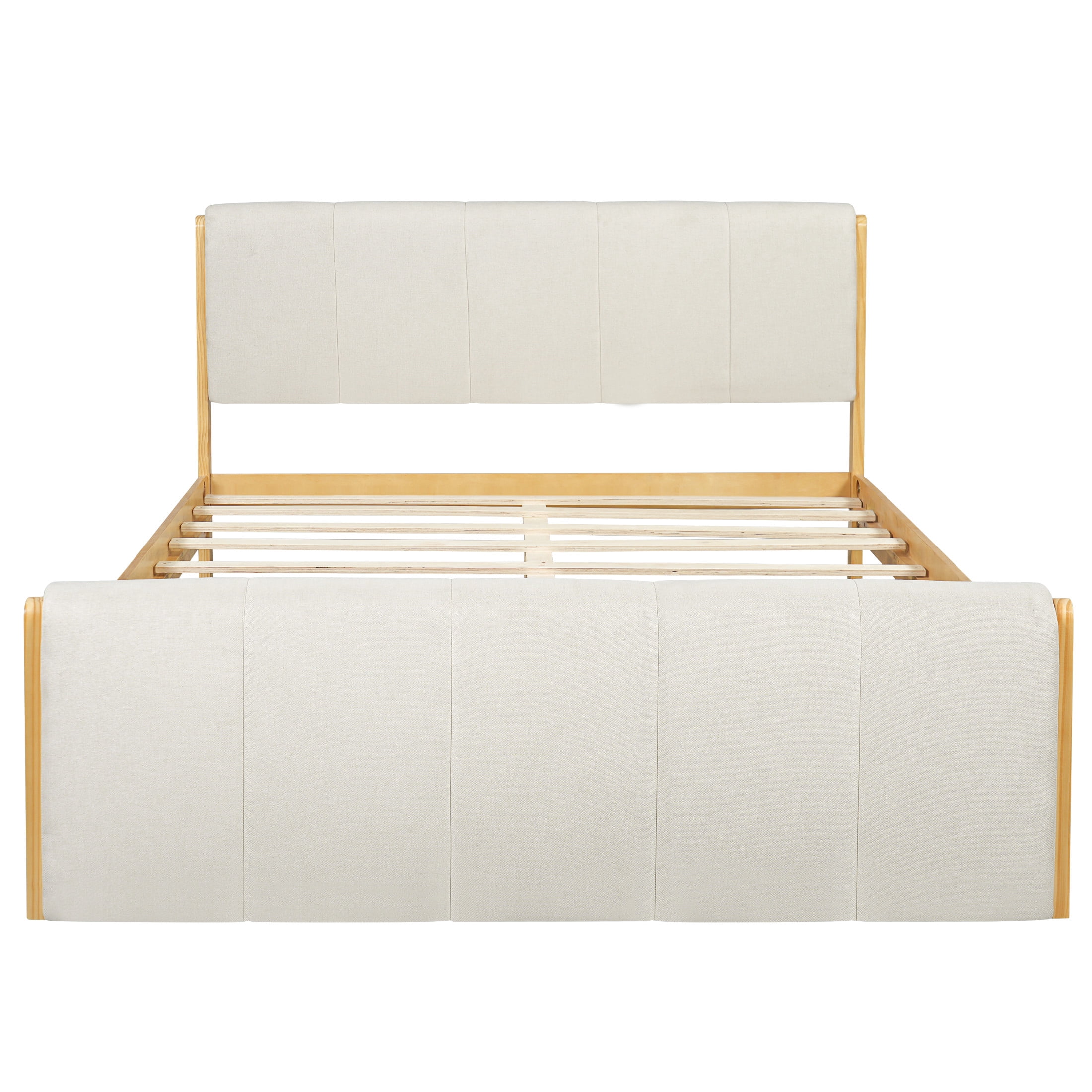 Christopher Knight Home Queen Upholstered Bed Frame, Platform Bed with Wood Trim, White + Natural