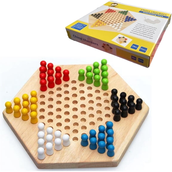 Chinese Checkers Game Set, Wooden Chinese Checkers Board Game Set with 6 Colors 60 Chess Pieces, Strategy Puzzle Family Board Game for Adults Kids Family