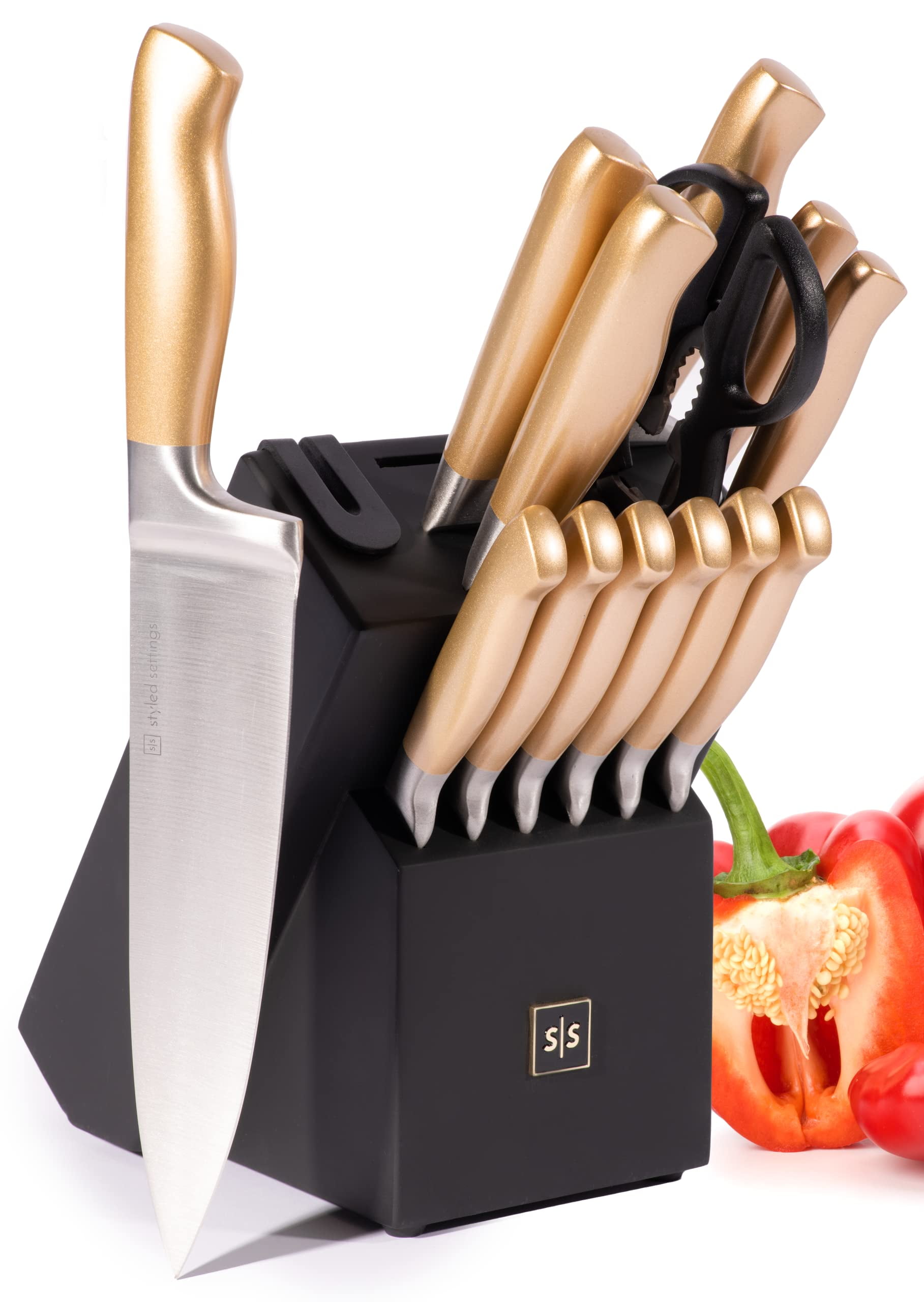 Chrome Club Stainless Steel Black and Gold Knife Set with Block - 7 Piece Gold Kitchen Knife Set with Durable Clear Knife Block and Sharpener 