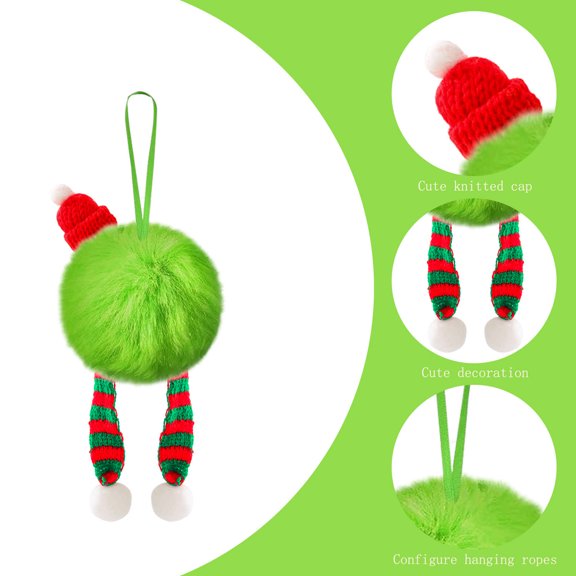Lime Green Furry Christmas Ball Ornaments with Small Hat, Christmas Tree Hanging Decorations Soft Fabric Ball Pendant with Rope for Home Party Mantel Wall Decor(B)