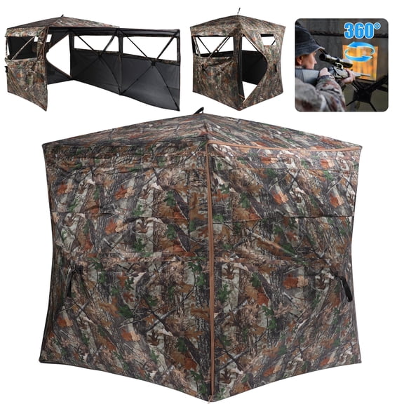 Skyhot 360° See Through Ground Hunting Blind for 2-3 Persons,300D Pop Up Resilient Portable Tent with Swing Door and Carrying Bag for Deer Turkey