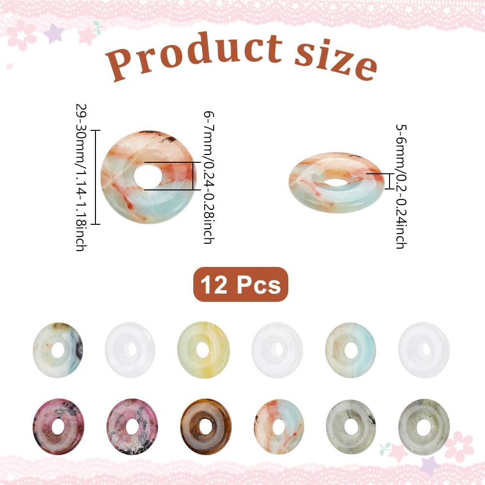 12Pcs 12 Styles Natural Donut Gemstone Charms 29mm Natural Jade Donut Beads Assorted Colors Round Gemstone Pendant for DIY handcrafting