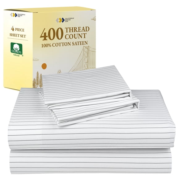 California Design Den 100% Cotton Queen Bed Sheets Set - 400 Thread Count Sateen, Deep Pocket Queen Bedsheets, 4 Piece Adult/Teen Bed Sheet Set - Pinstripe Print