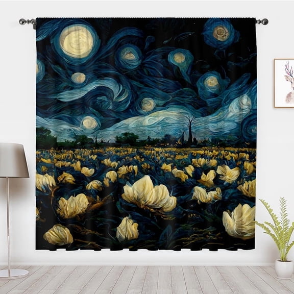 Boho Style Art Window Curtains, Vintage Mediaeval Starry Night Window Treatment Blackout Curtains, For Bedroom Living Room Privacy Decor(Rod Pocket)