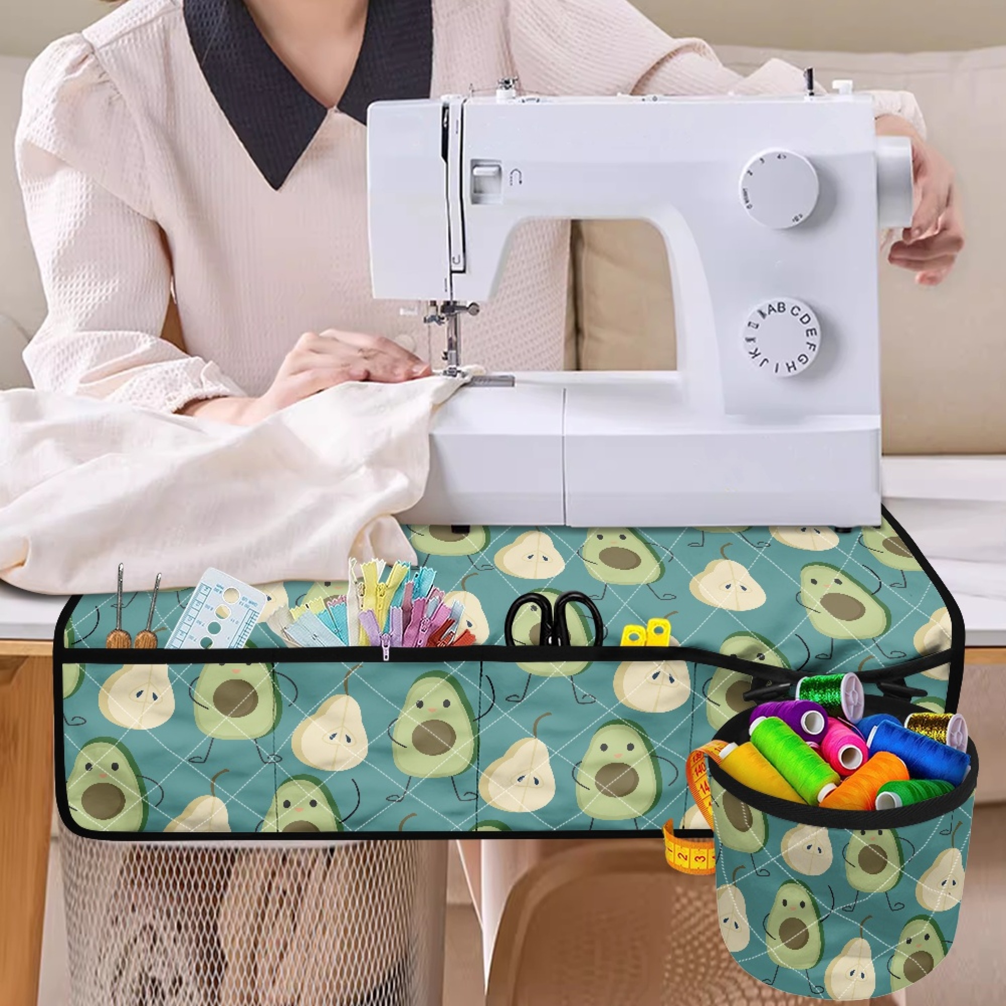ZIATUBLE Avocado Pad Organizer for Sewing Machine Pear Sewing Machine Mat Organizer Protective Mat for Standard Household Sewing Machines Easy to Clean Sewing Machine Pad with Pockets