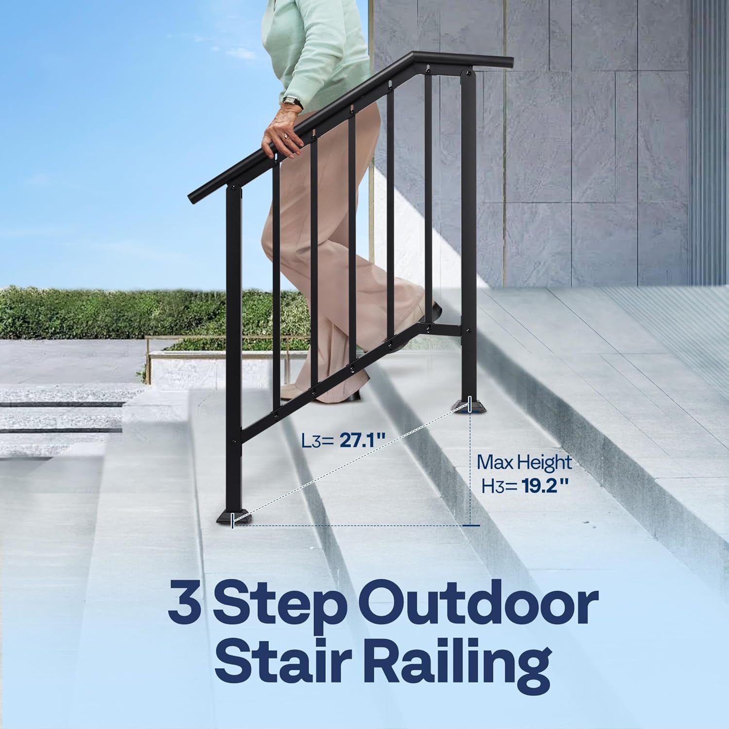 SPECSTAR 2-Pack Outdoor Handrails, 3-Step Galvanized Steel Hand Rails for Outdoor Steps – 27.1" Black Oval and Safety Balusters Exterior Railing Kit for Porch, Deck, or Indoor Stairs
