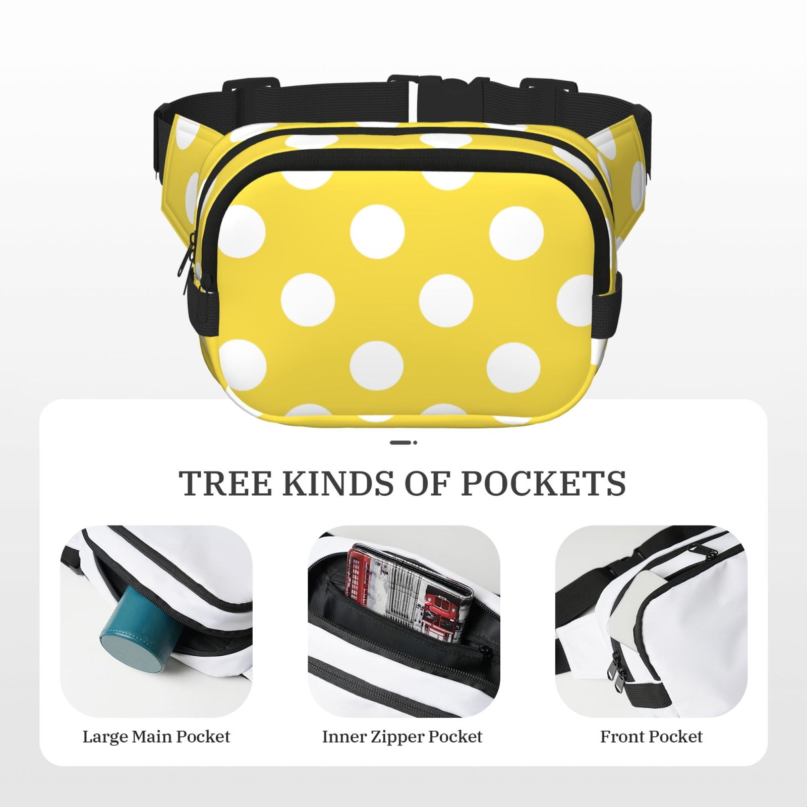 Kuqiui Yellow And White Polka Dot Print Fanny Packs for Women Cross Body Waist Bag Fashionable Fanny Pack Designer Workout Hiking Waist Pack Running Travel Gym