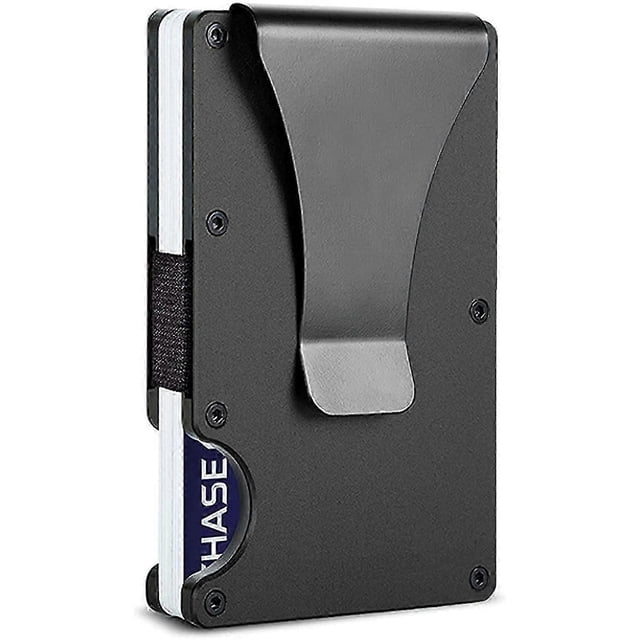 Cartera minimalista de metal con clip para billetes - Tarjetero delgado de aluminio con bloqueo RFID para bolsillo delantero, para hombres y mujeres (negro)