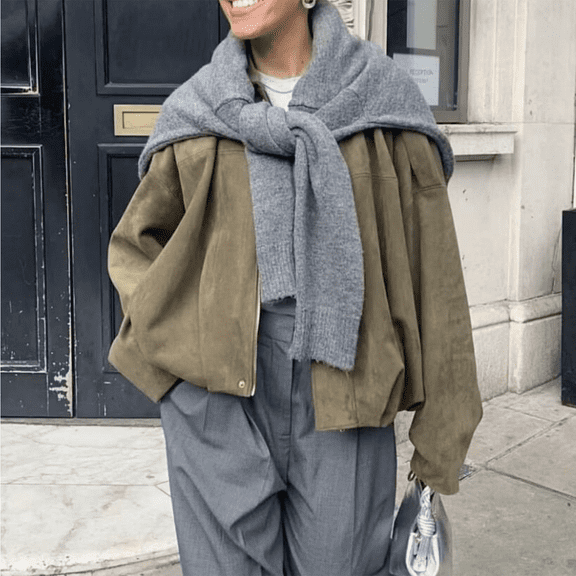 Valueadd Women's Long Sleeve Faux Suede Jacket Lapel Pilot Coat Casual Oversized Trendy Streetwear Outerwear