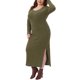 thumbnail image 4 of Vestidos de mujer de tallas grandes Agnes Orinda para el Día de San Patricio, vestido maxi de punto acanalado con abertura lateral, cuello redondo, manga larga, ajuste ceñido, color verde militar 1X, 4 of 5