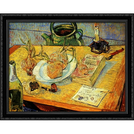 Still Life with Drawing Board, Pipe, Onions and Sealing-Wax 36x28 Large Black Ornate Wood Framed Canvas Art by Vincent van