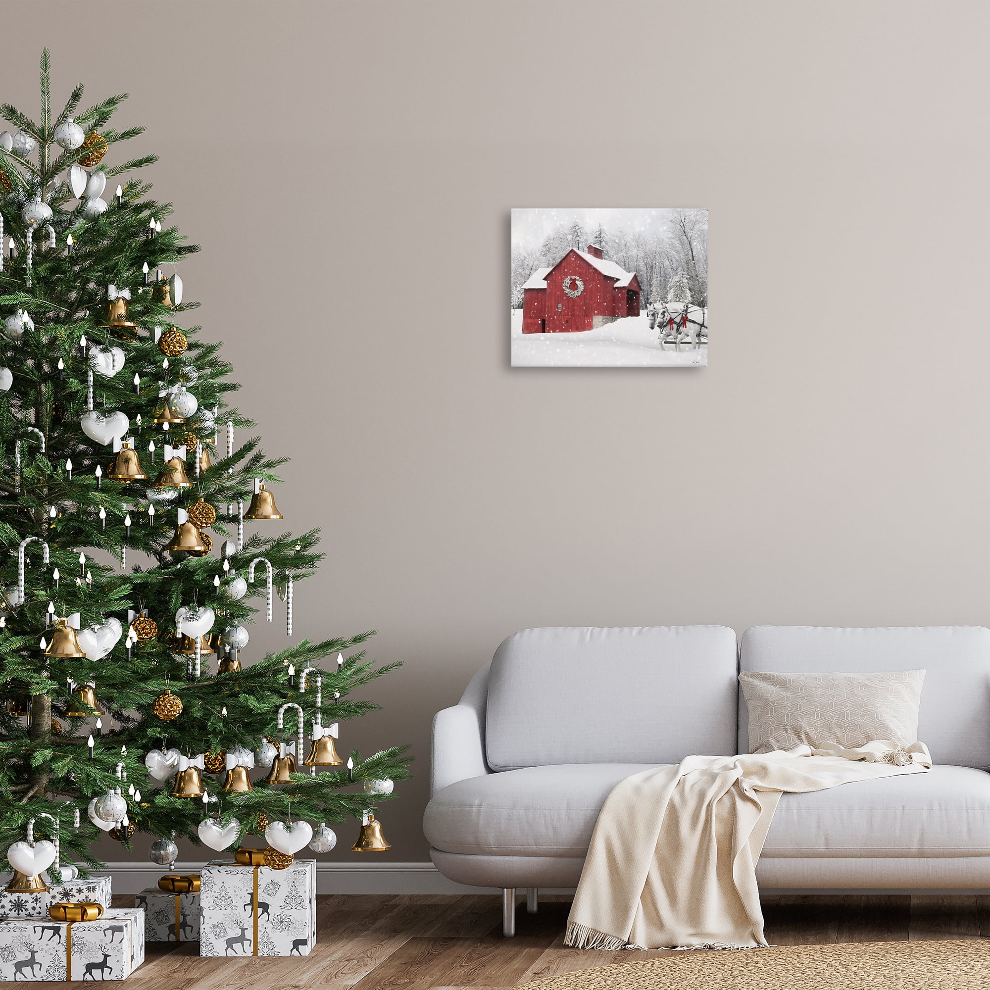 Stupell Industries Snow Covered Red Barn Holiday Painting Gallery Wrapped Canvas Art Prints Wall Art, 20 x 16
