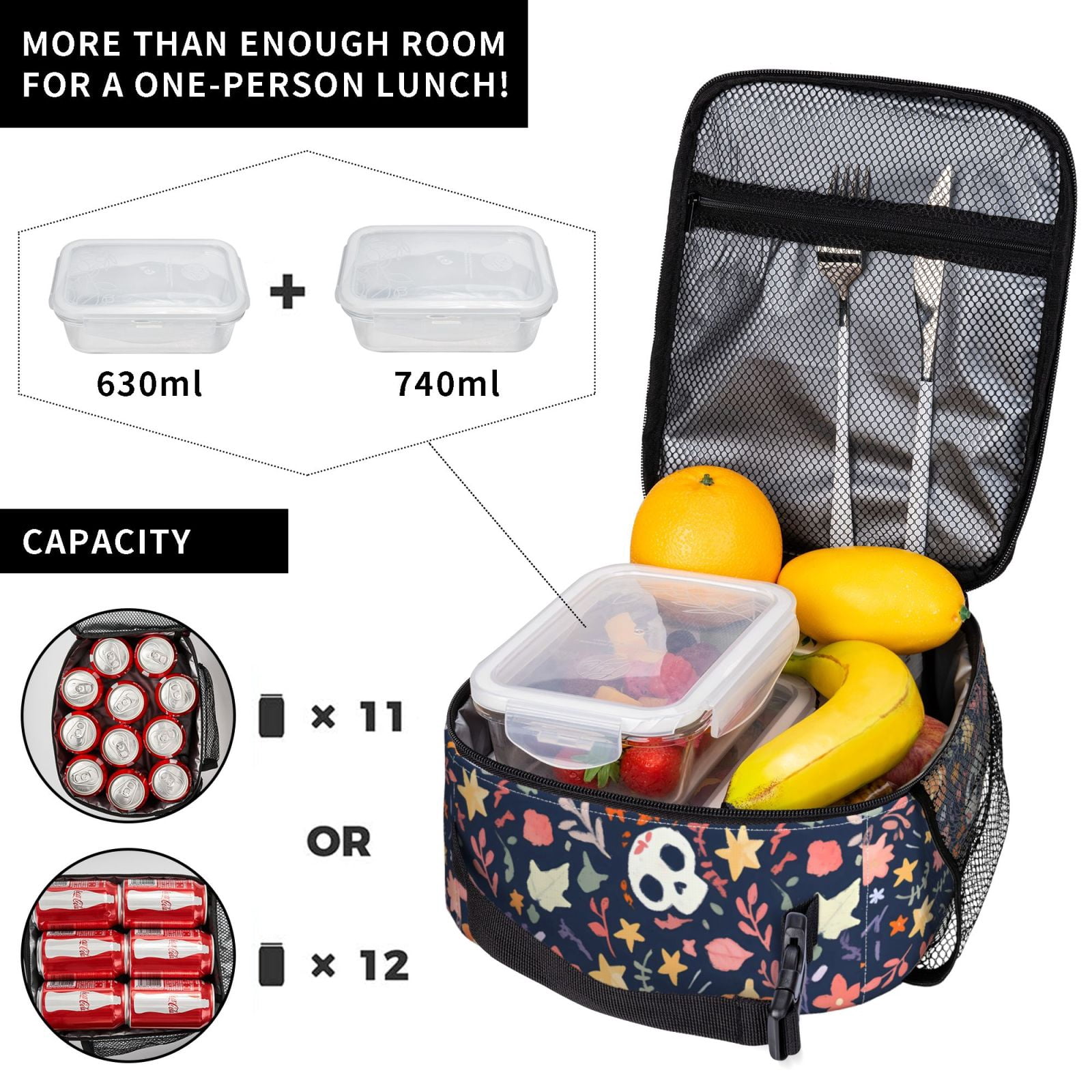 Lunch Bag For Women Men Insulated Portable Lunch Box Bento Box Office Picnic Travel Cooler Bag Skullhead Pumpkin Flower