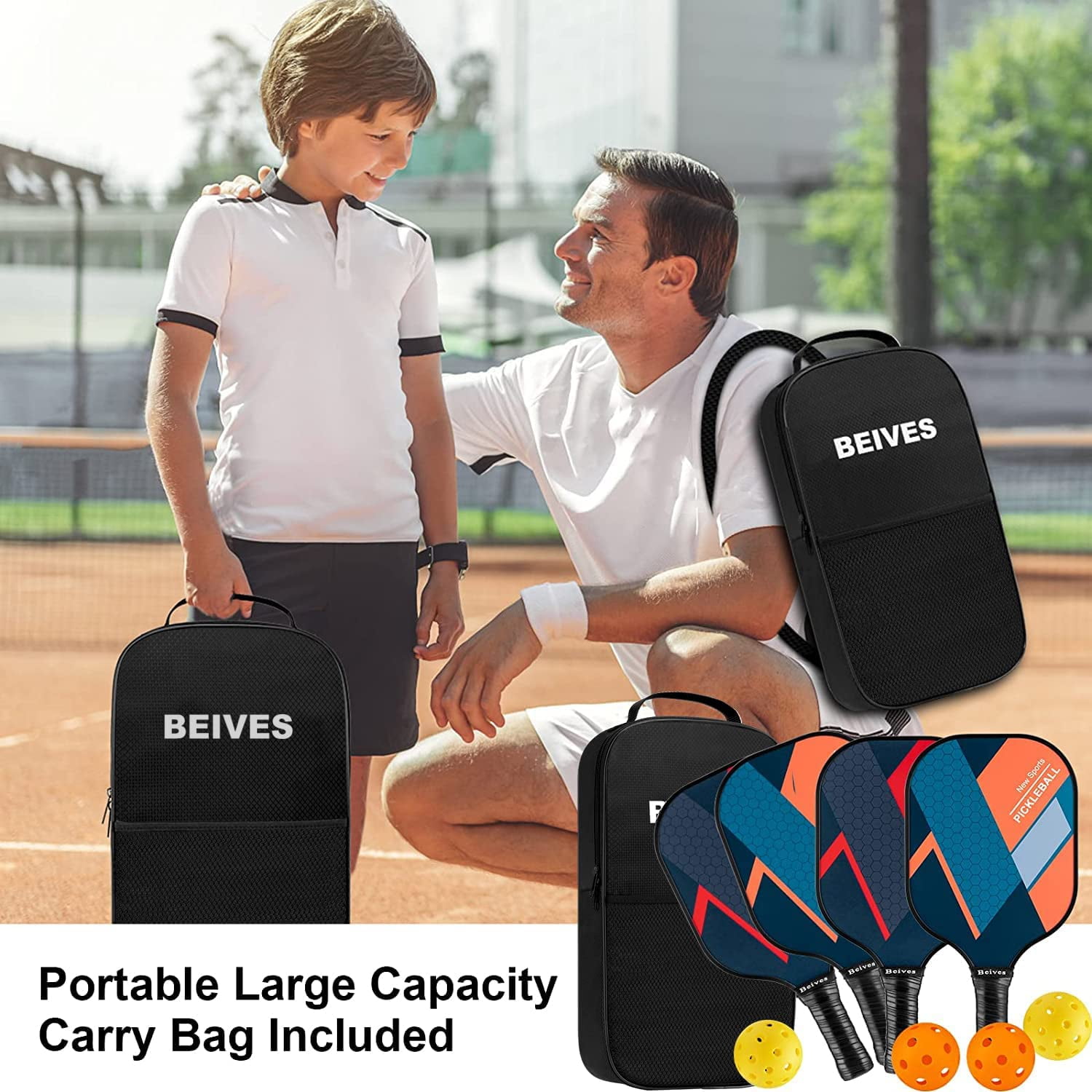 BEIVES Fiberglass Pickleball Paddle Set - 4-Player Kit w/ 4 Balls & Carry Bag - Lightweight Indoor/Outdoor