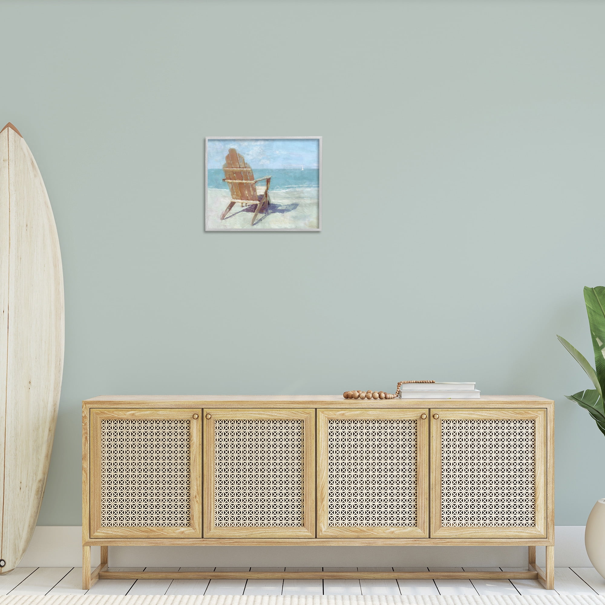 Stupell Industries Chair with Sailboat View Landscape Painting Gray Framed Art Print Wall Art, 20 x 16