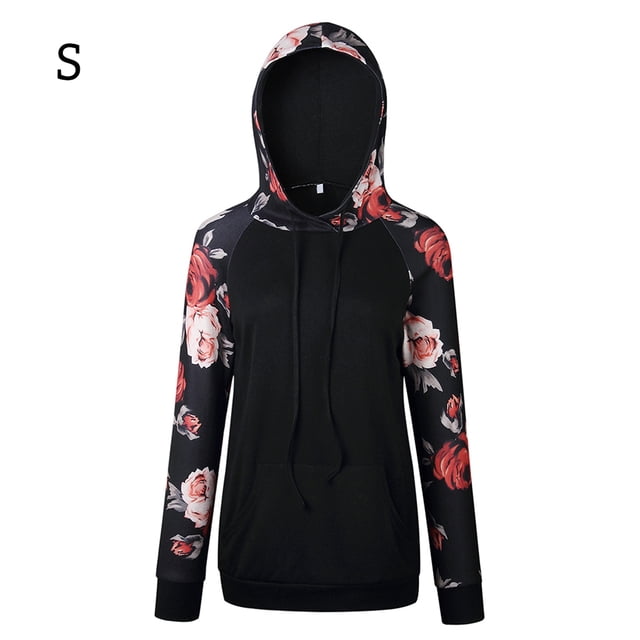 Sudadera con capucha para mujer, estampado floral, manga larga, bolsillo, suéter con capucha, top, negro, S Methold AP000831-09