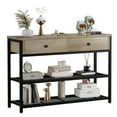 thumbnail image 1 of Modern Narrow Console Table with 2 Drawers & 2-Tier Open Shelves, Metal Frame, Perfect for Dining Room, Hallway, Entryway – Sideboard Storage Cabinet, Brown Finish, 1 of 8
