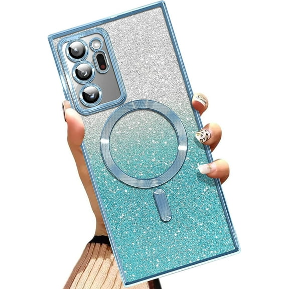 Magnetic Case for Samsung Galaxy Note 20 Ultra [Built-in Camera Lens Protector] Soft TPU Glitter Bling Phone Cover Anti-Scratch Shockproof Case for Women Men - Blue