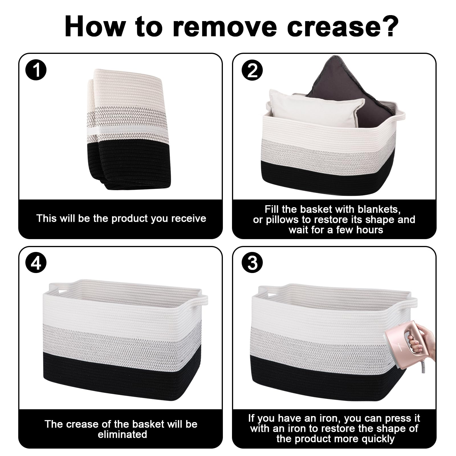 Extra Large Blanket Basket, 95L Woven Storage Basket, Cotton Rope Toy Bin for Baby Room, Container for Storage in Living Room, 24''×17''×14'', Black & White