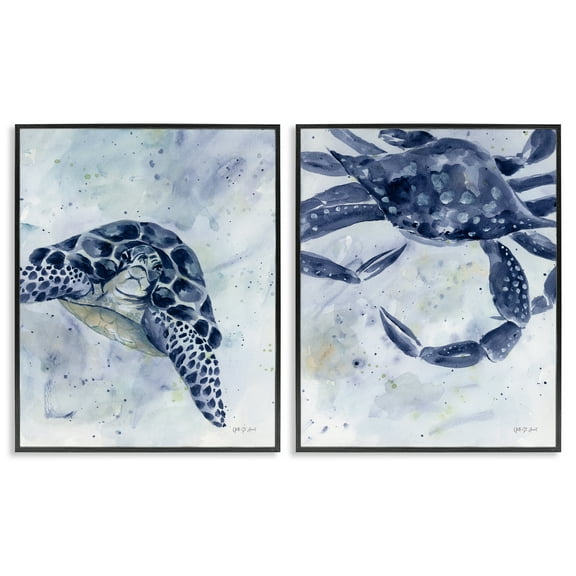 Stupell Industries Sea Creatures Turtle & Crab Nautical & Beach Painting Black Framed Art Print Wall Art, 11 x 14, Set of 2