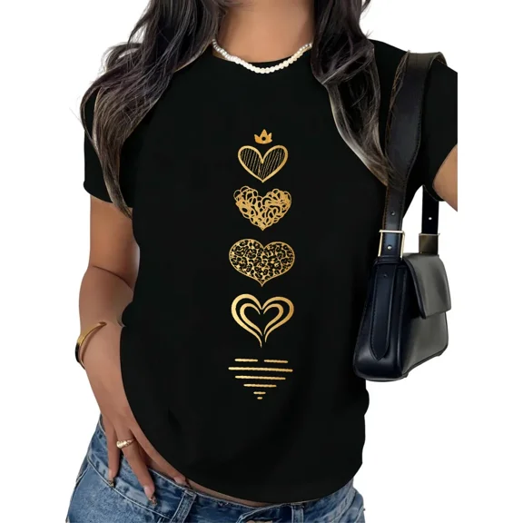 UNISHE Women's Gold Heart Stack T-Shirt Crown Leopard Print Graphic Tee Vintage Short Sleeve Crewneck Top