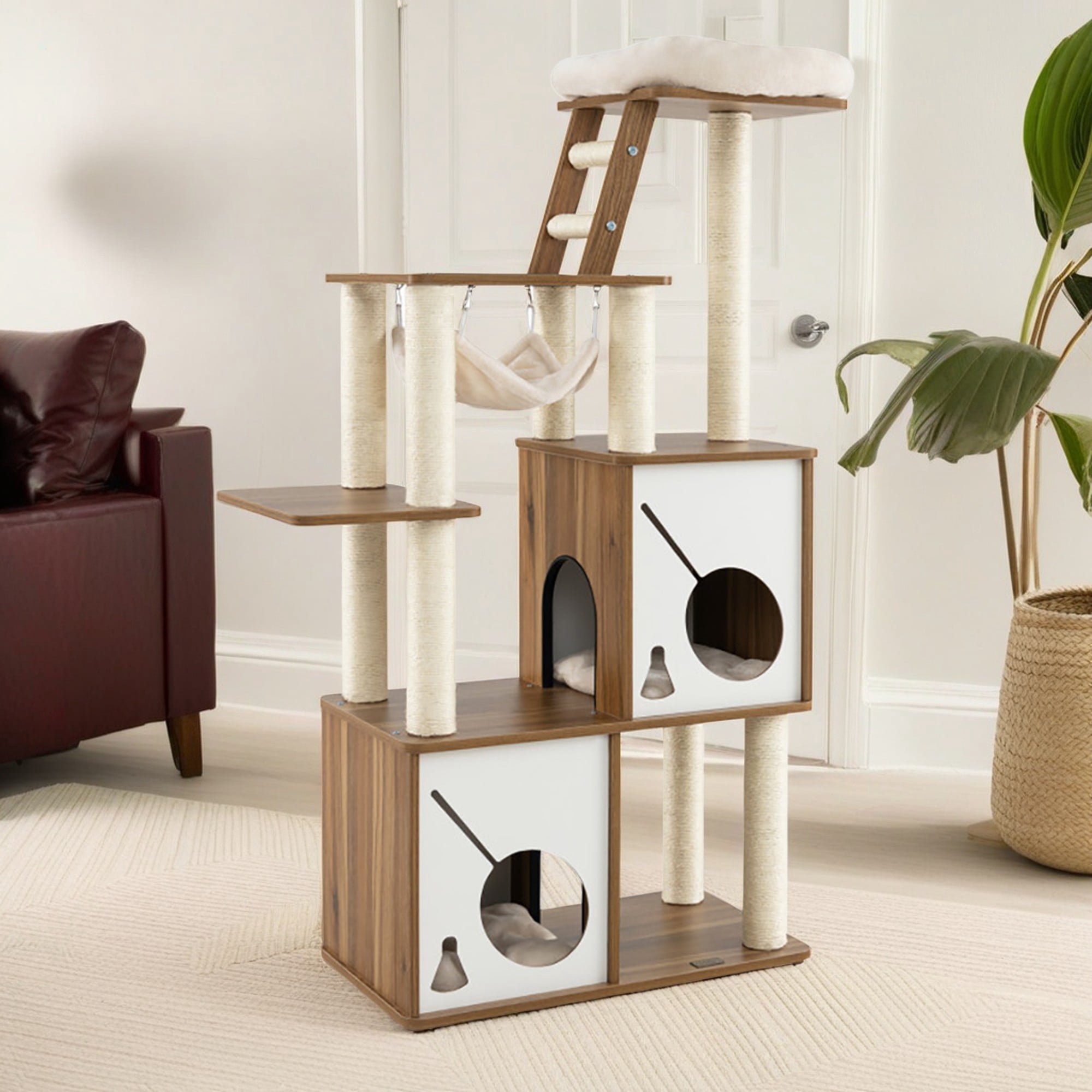 resenkos 57" Large Wooden Cat Tree Tower with Double Condos, Large Perch, Soft Hammock and Totally Wrapped Sisal Posts, Brown