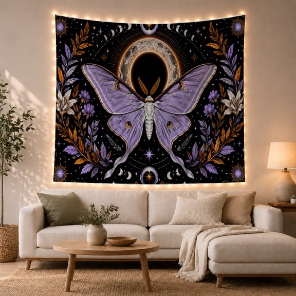 Purple Butterfly With Moon and Stars, Mystical Gothic Style for Mystical Decor Lovers, Celestial Wall Art, Halloween Gift, Tapestry Wall Hanging for Bedroom and Living Room