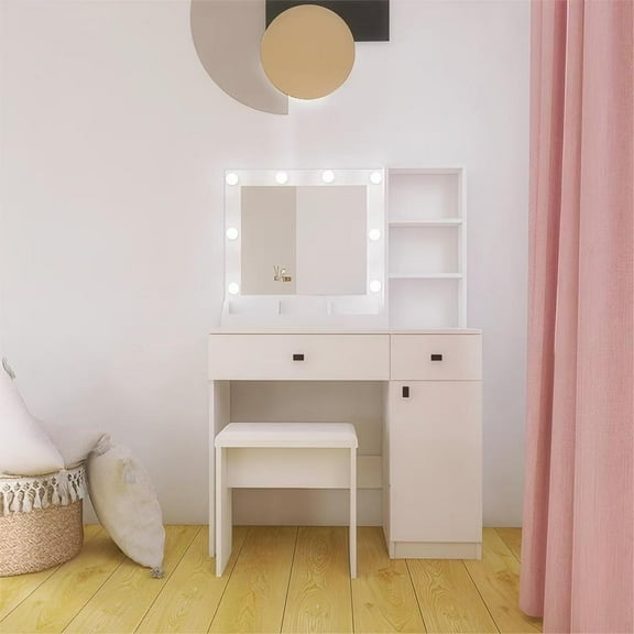 Vanity Desk with Lights, Vanity Set with Mirror, Makeup Vanity Desk with Large Drawers & Three Level Storage Dreeser, Vanities with 3 Lights Brightness Adjustable for Bedroom, White