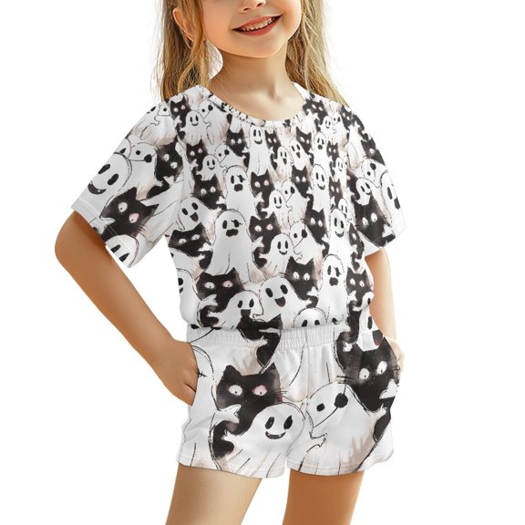 Chririnla Breathable Kids Outfit 3-16 Years Durable Kids Summer Outfit for Toddler, Cat Ghost Pattern
