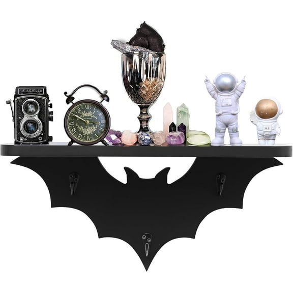Bat Shelf Floating Shelves for Wall,15.5 inch Wall Shelf with 3 Key Hooks,Black Shelves for Living Room Bedroom Kitchen Gothroom