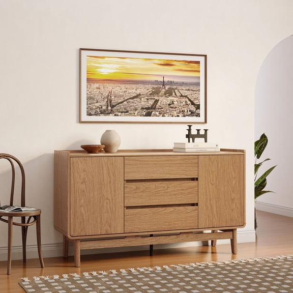 LuxenHome Sideboard Buffet Cabinet with Storage, 55" Wide Mid Century Modern Accent Cabinet with 3-Drawers and 2 Doors, Oak Wood Console Table for Living Room Kitchen Entryway Home Decor