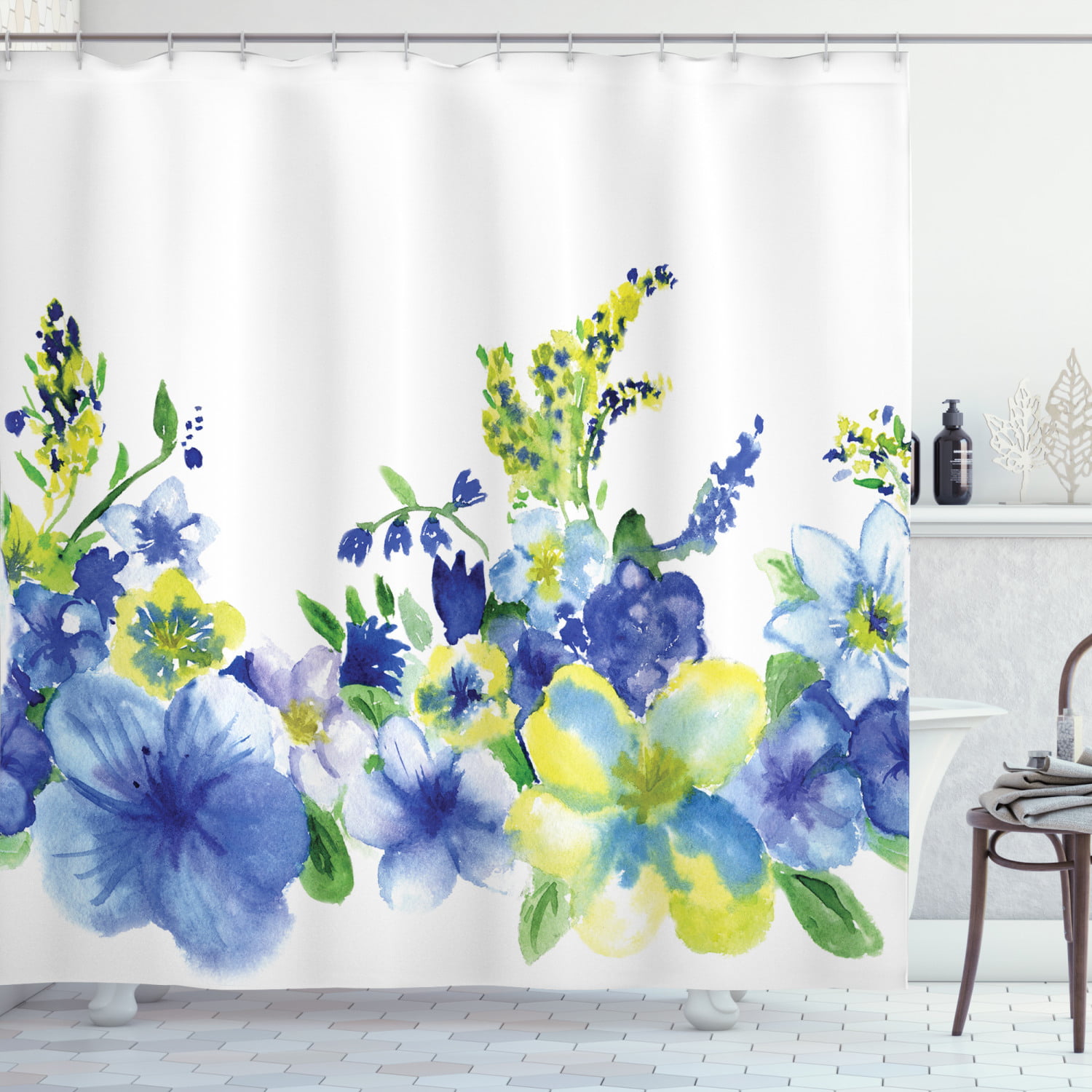 Waterproof Fabric Shower Curtain Set Spring Theme Watercolor Blooming Flowers 