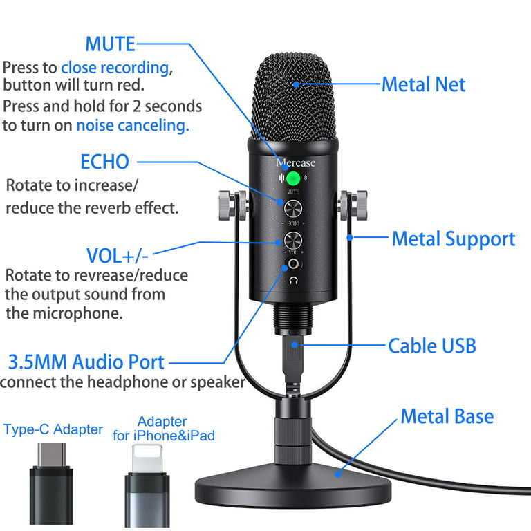 Mercase USB Condenser Microphone with Noise Cancelling and Reverb Mic for  Recording/Podcasting/Streaming/Gaming, Computer 
