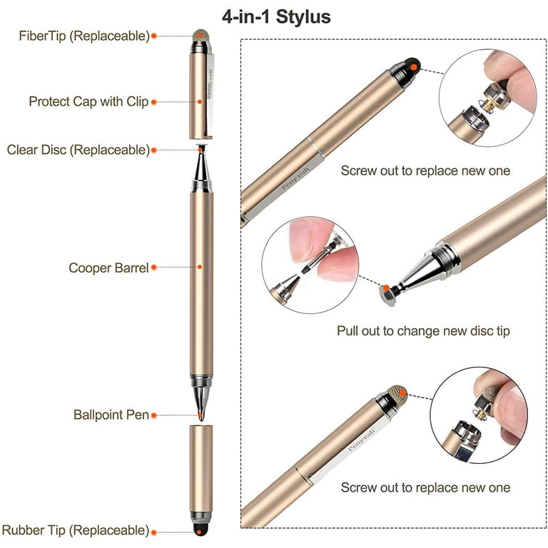 Penyeah 4-in-1 Touch Screen Stylus Pen with Disc, Rubber Mesh