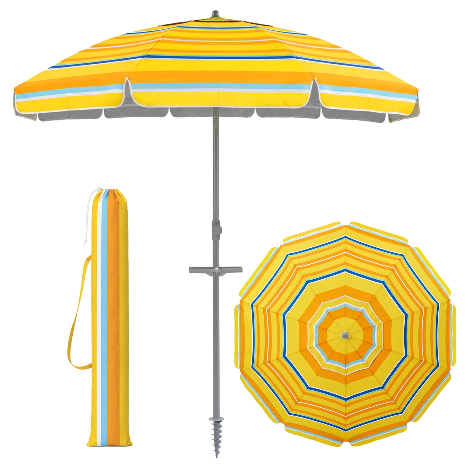 Beach Umbrella for Sand with Sand Anchor & Tilt, 7ft Beach Umbrella for Heavy Duty Wind Portable with Carry Bag and Hook, for Patio Pool Sea