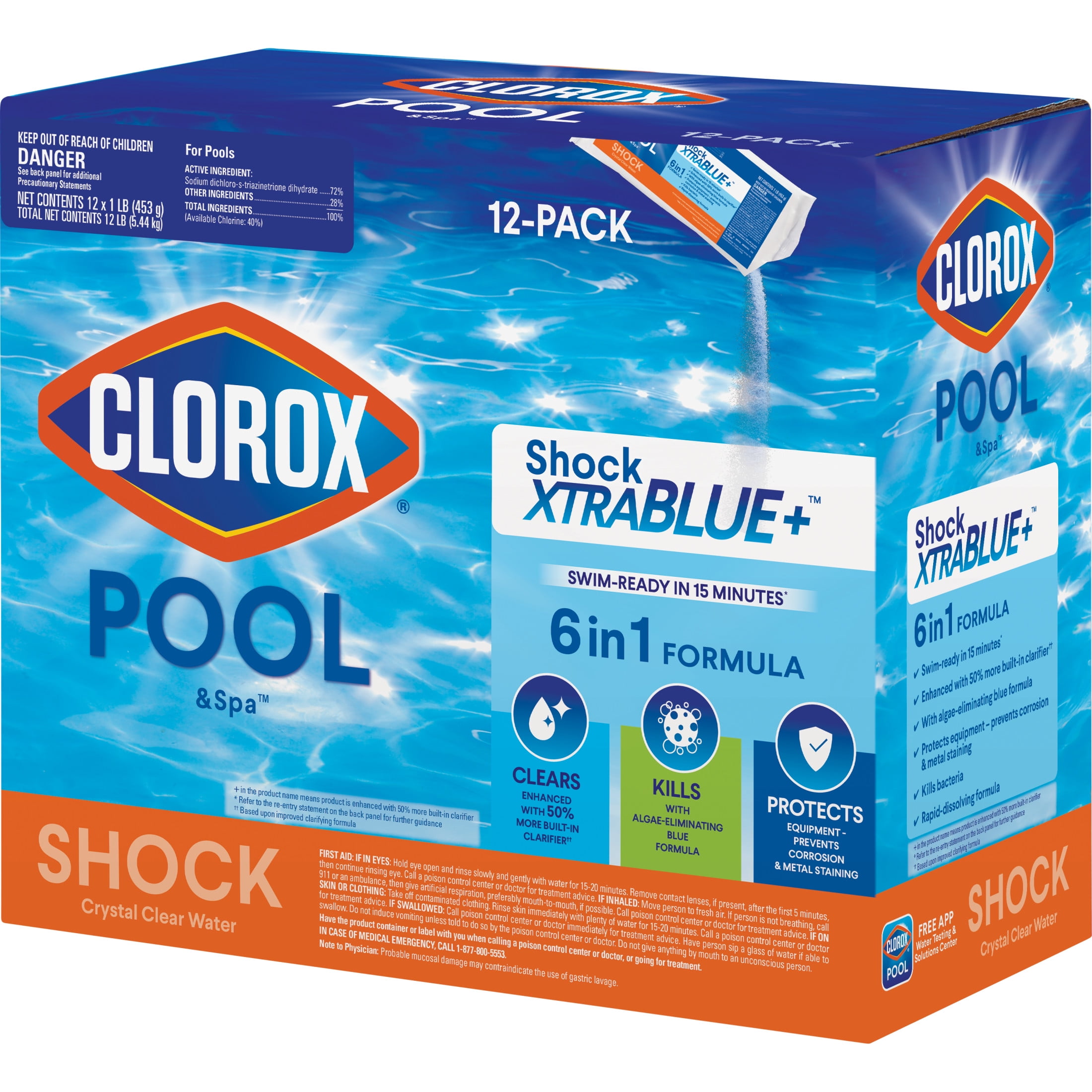 Clorox® Pool&Spa Swimming Pool Shock XTRABLUE® Plus™ Granules, Kills Bacteria & Algae in Swimming Pools, Swim-Ready in 15 Minutes, (12-Pack)