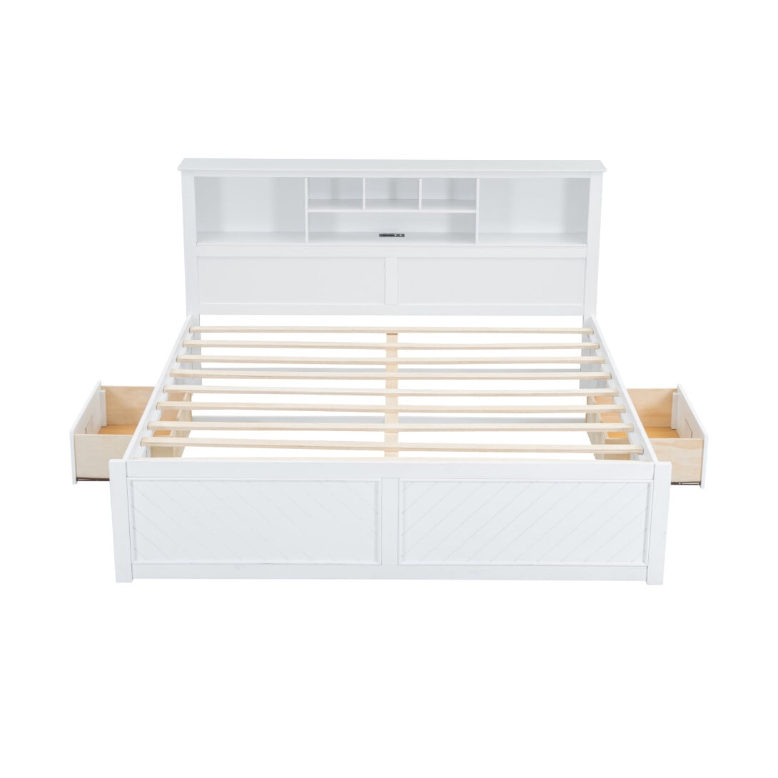 King Size Bed Frame with Storage Headboard, Wooden Platform Bed with USB Charging Station and Drawers, No Box Spring Needed, White