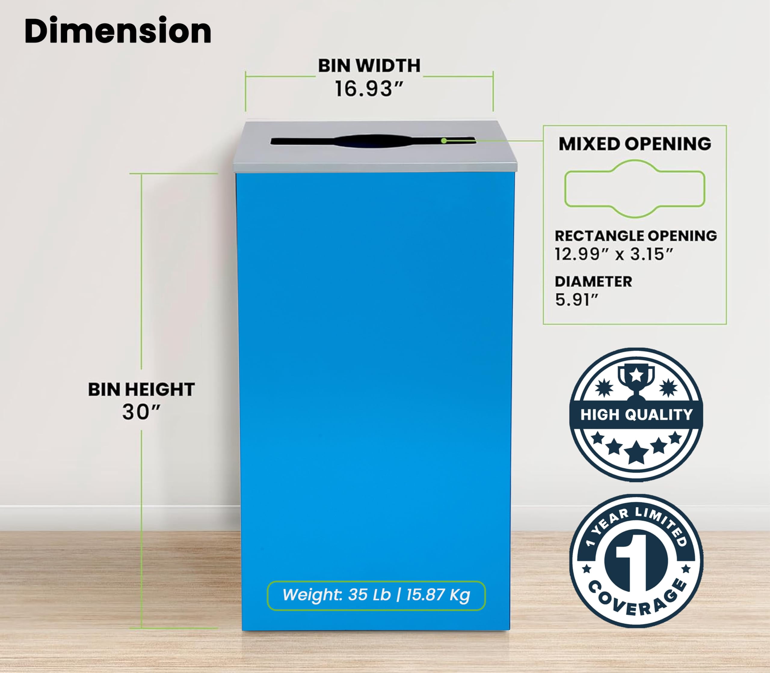 Alpine Commercial Indoor Recycle Bin with Lid - 29 Gallon Blue Recycle Bin Recycle Trash Can Office Recycling Bins, Metal Recycling Container with Stickers & 3 Optional Lids Sold Separately