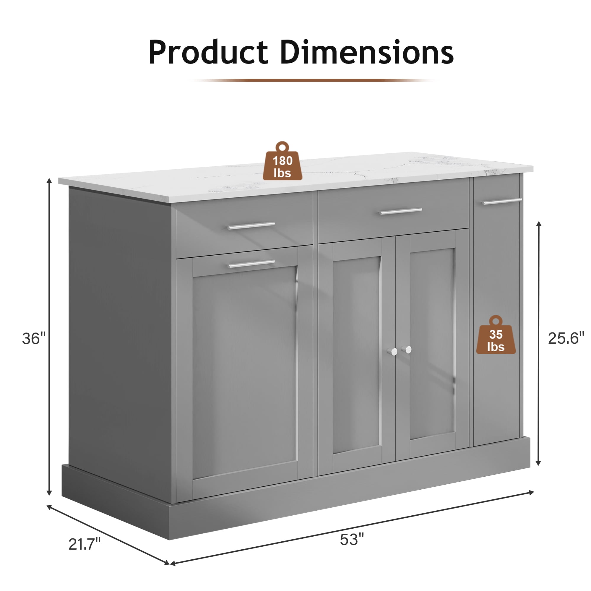 DreamCurship 52" Kitchen Island with Storage, Rolling Kitchen Cart Island with Wheels, Tilt Out Kitchen Trash Cabinet 10 Gallon Storage, 3 Large Spice Racks and 2 Drawers, Gray