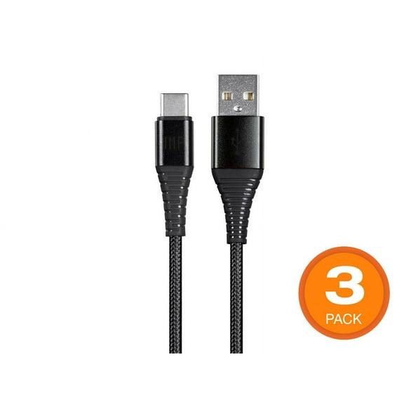 Monoprice USB 2.0 Type-C to Type-A Charge and Sync Cable - 3 Feet - Black (3 Pack) Durable, Kevlar-Reinforced Nylon-Braid, For Samsung Galaxy S10 S9 S8 S20 Plus A51 A11, Note 10 9 8, PS5 Controller -