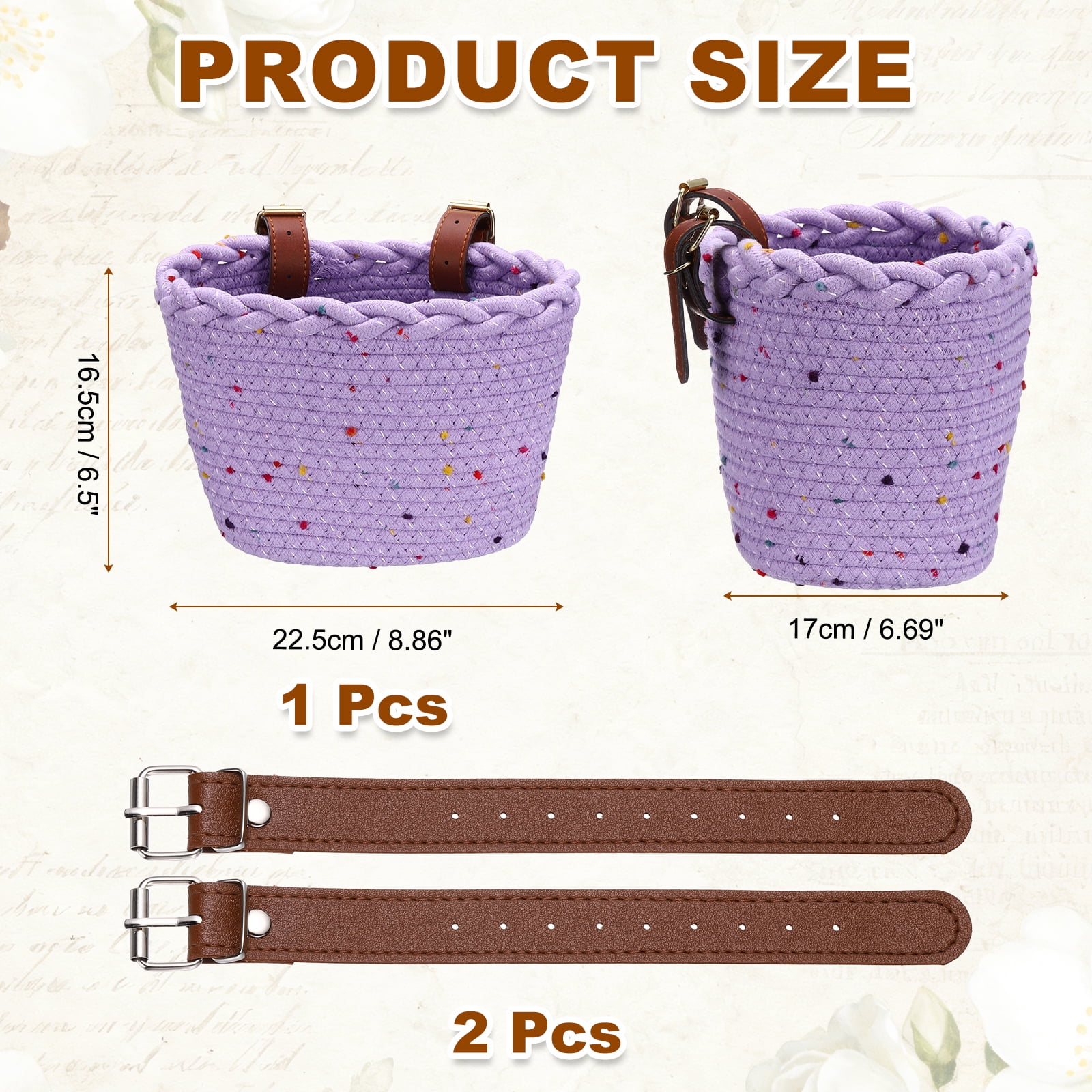 Uxcell Bike Basket, Cotton Rope Bicycle Basket Adjustable Front Baskets with 2 Leather Belt Buckles Unisex Strong Load 8.8 x 6.7 x 6.5" & Purple-Fitting For(Bikes/Tricycle/Scooters)