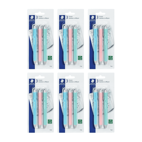 STAEDTLER Vinyl Eraser Holder 6-Pack (6 sets of 3 pcs): 3 Units Retractable Erasers for Pencils, Soft Vinyl, Latex-Free, Clean Edges, No Smudges, Pastel Colors, 18 Count