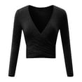 thumbnail image 4 of Besolor Women's V Neck Cropped Tops Trendy Cross Long Sleeve Solid Color Stretch Slim Fit Basic Blouse T-Shirts, 4 of 4
