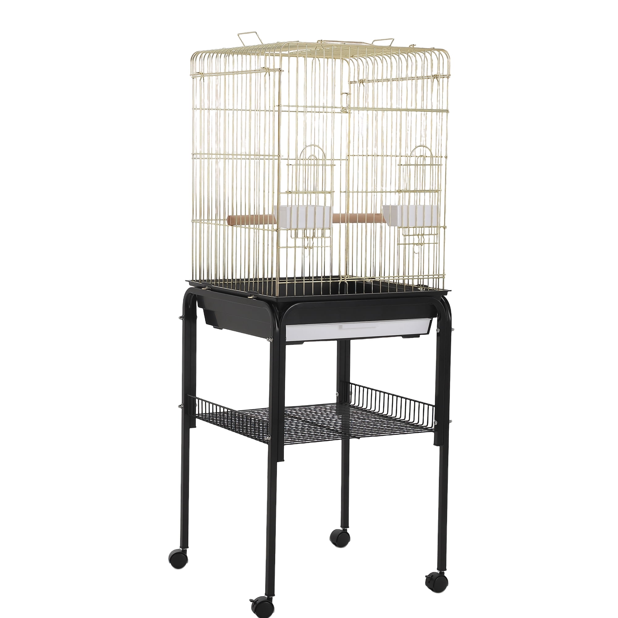 57'' Open-Top Bird Cage with Rolling Stand – Removable Tray, Extra Storage, Large Door – Metal for Small & Large Birds – Indoor & Outdoor – Model 1038+10#, Black Frame Gold Cage Body