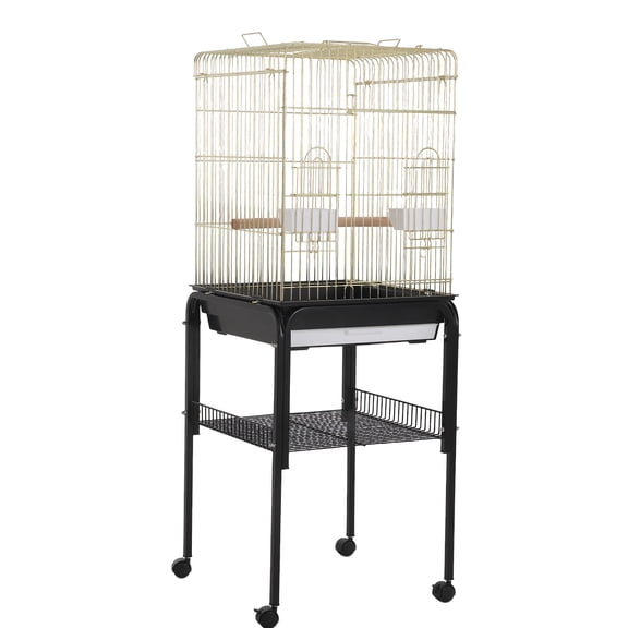 57'' Open-Top Bird Cage with Rolling Stand – Removable Tray, Extra Storage, Large Door – Metal for Small & Large Birds – Indoor & Outdoor – Model 1038 10#, Black Frame Gold Cage Body