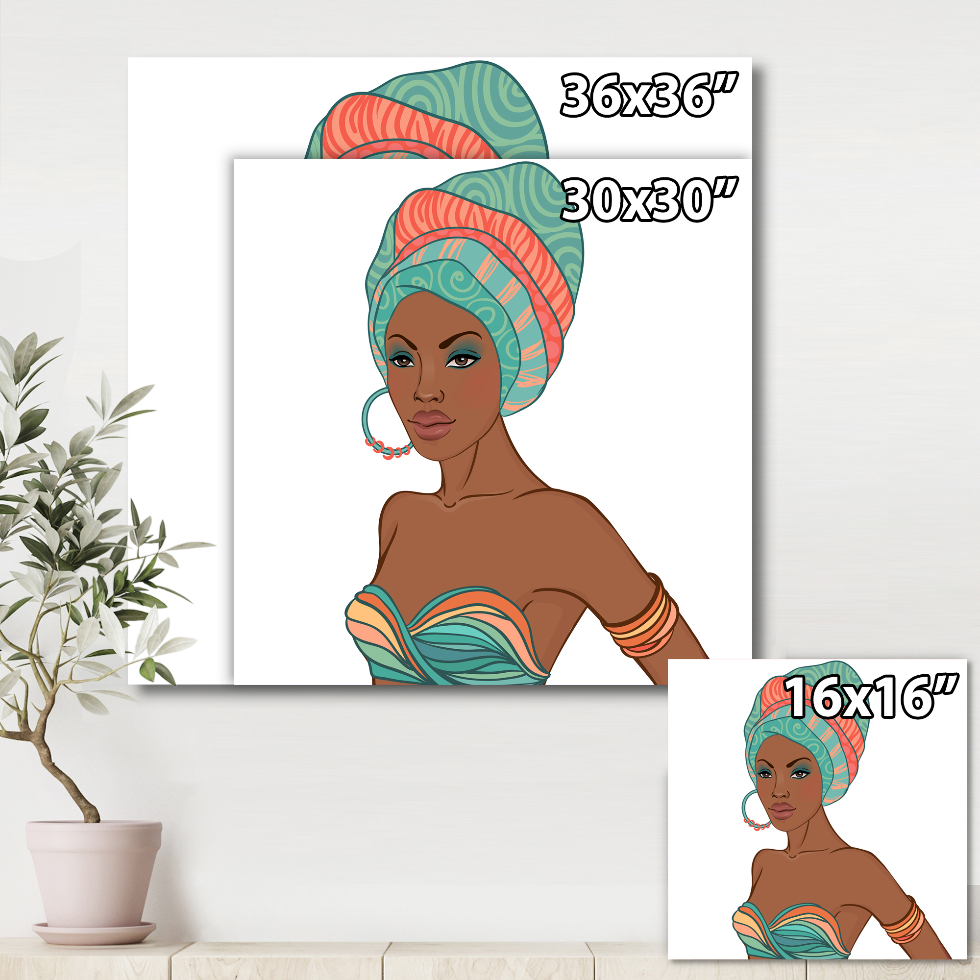 Designart ' African American Woman With Turban and Earring ' Modern Canvas Wall Art Print