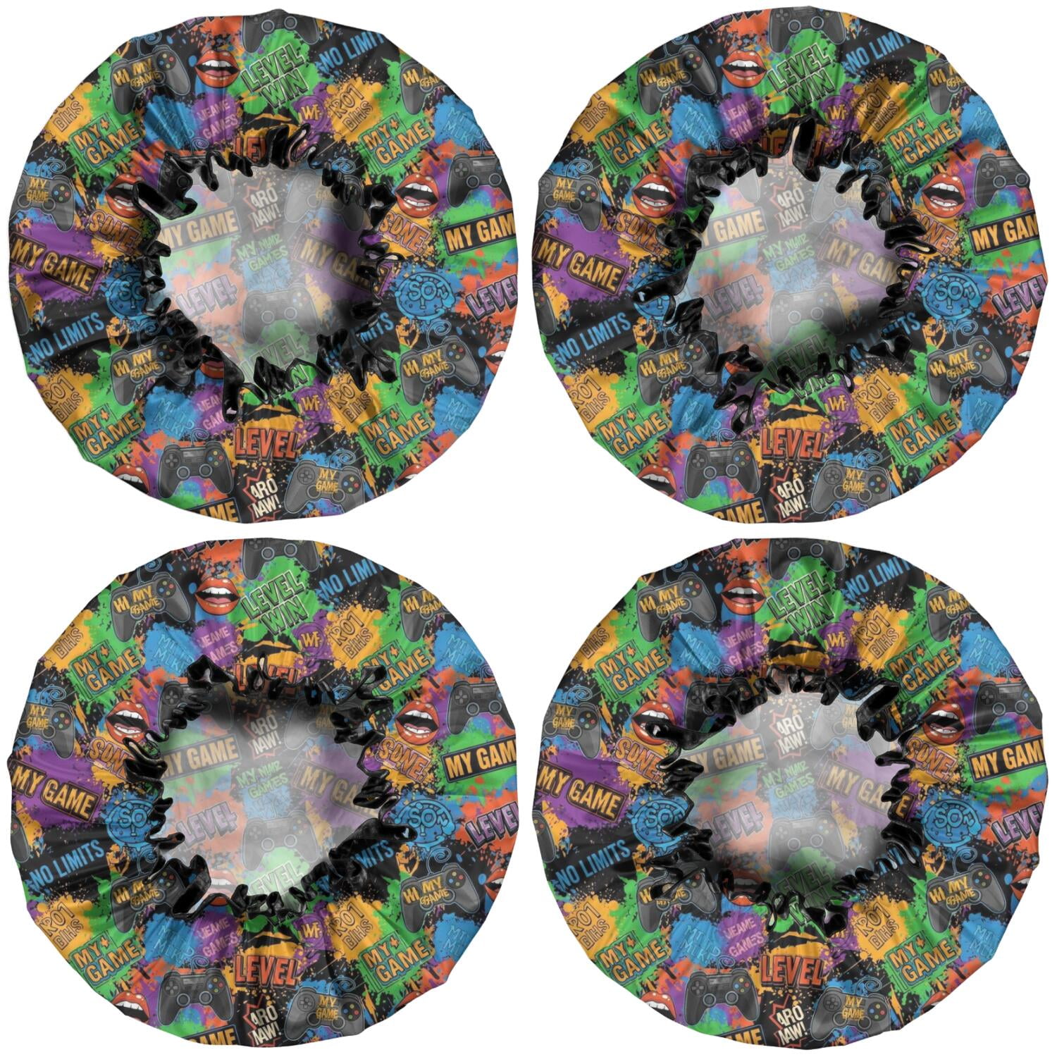 Shower Caps,Colorful Games Graffiti Black Pattern Waterproof Shower Cap for Women 4 Pieces,Double Reusable Hair Cover for Shower PEVA Elastic Stretch Hem