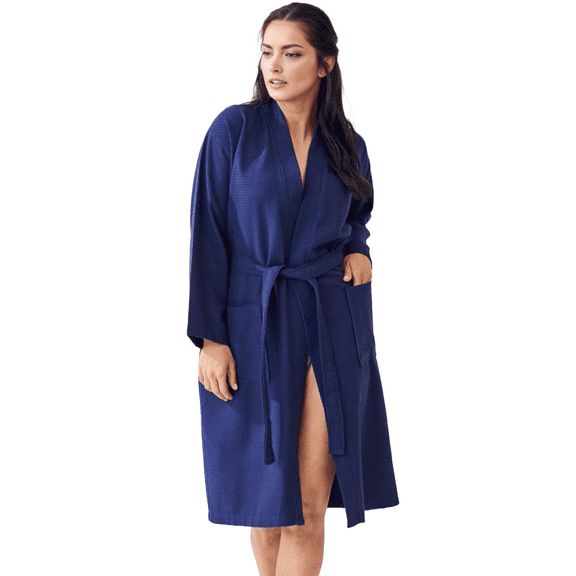 Elegani Robes - Women's 100% Turkish Cotton Waffle Kimono Long Below the Knee Bathrobe (Luxury & Comfort)-Navy (One Size)